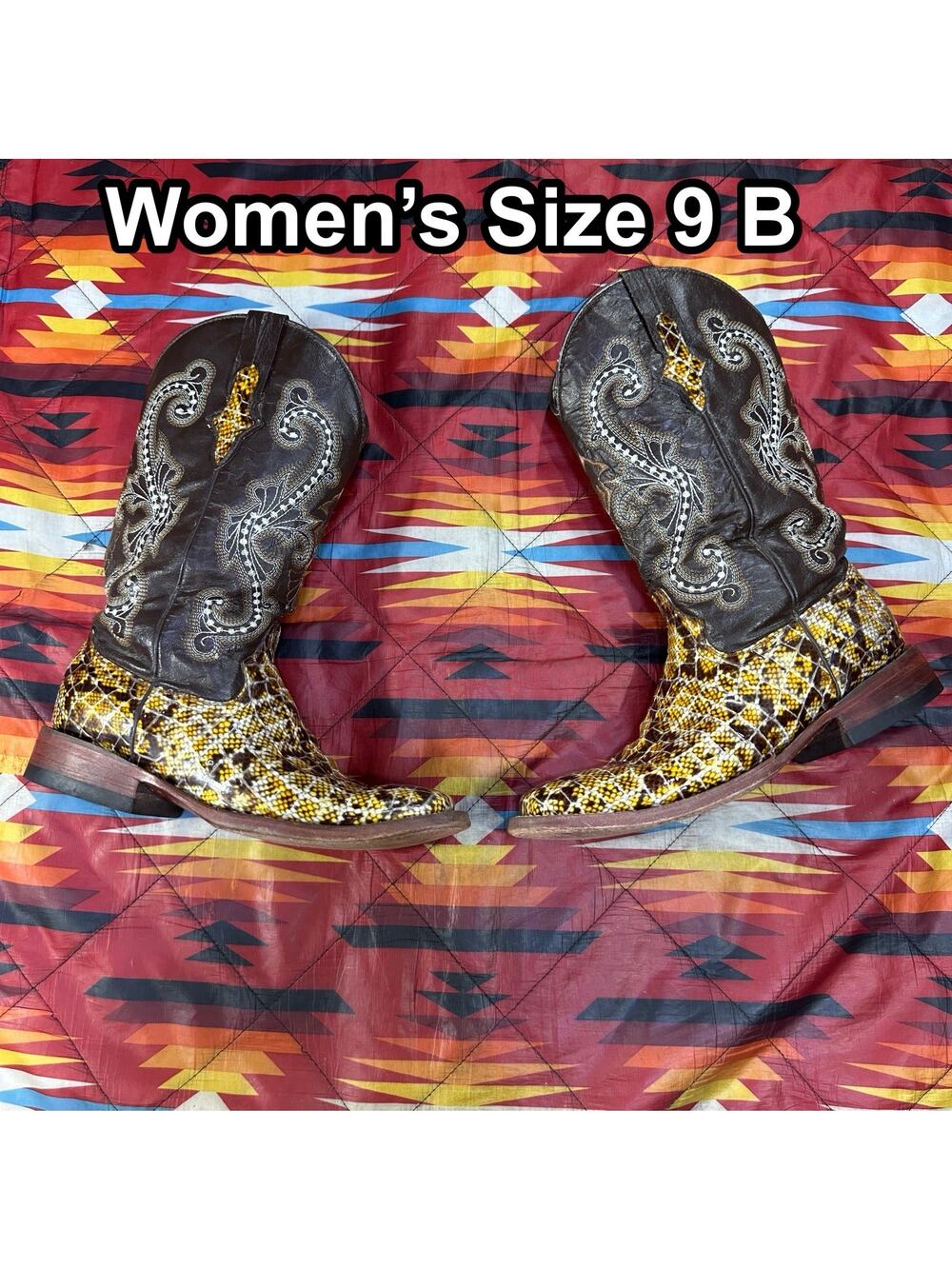 Ferrini Black Yellow Snake Skin Square Toe Womens Boot Size 9 B Leather